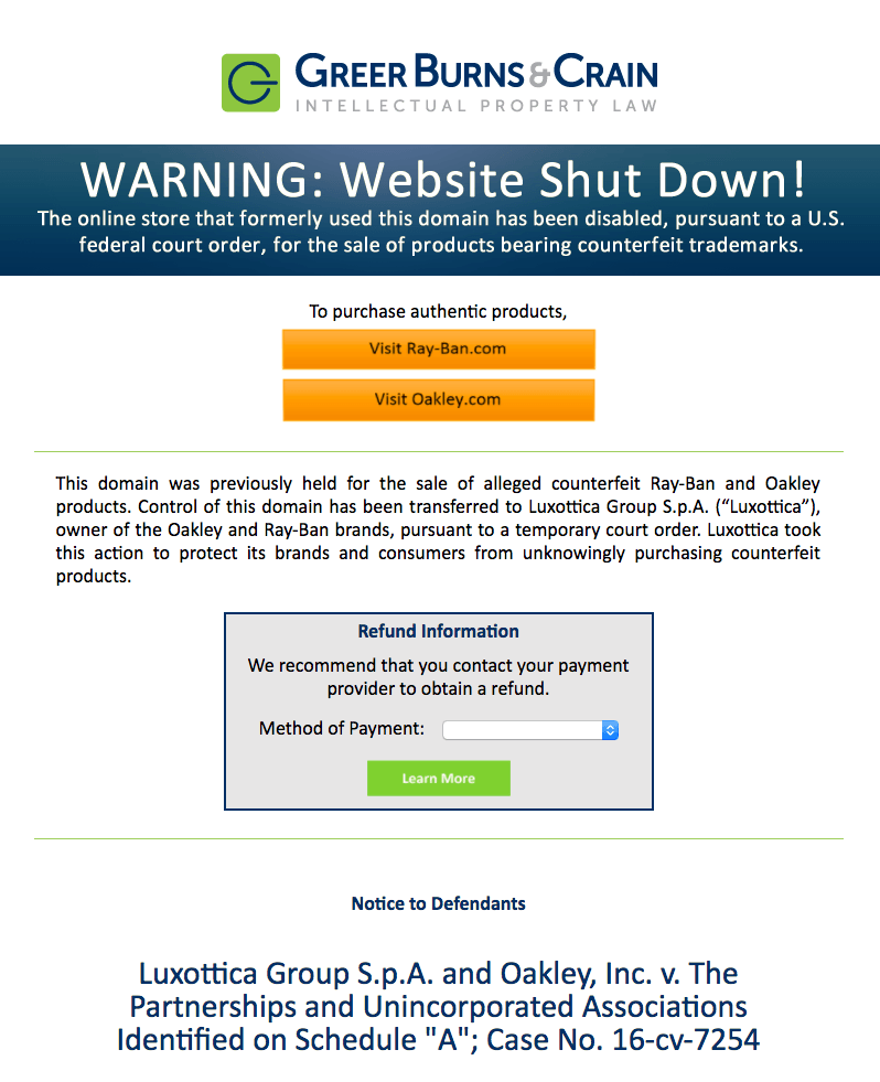 Fake Ray-Ban website shutdown