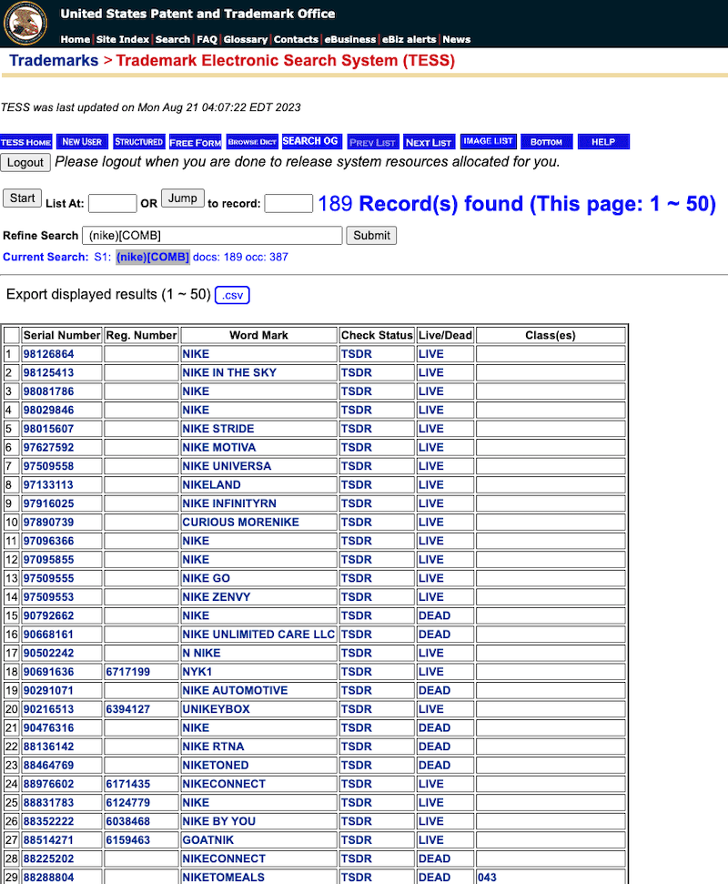 United States Patent and Trademark Office search example