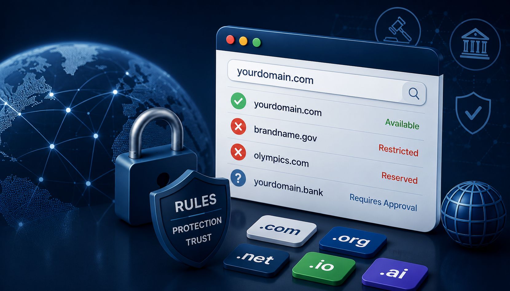 Illustration of a domain availability checker with registration rules, security icons, and domain extensions.