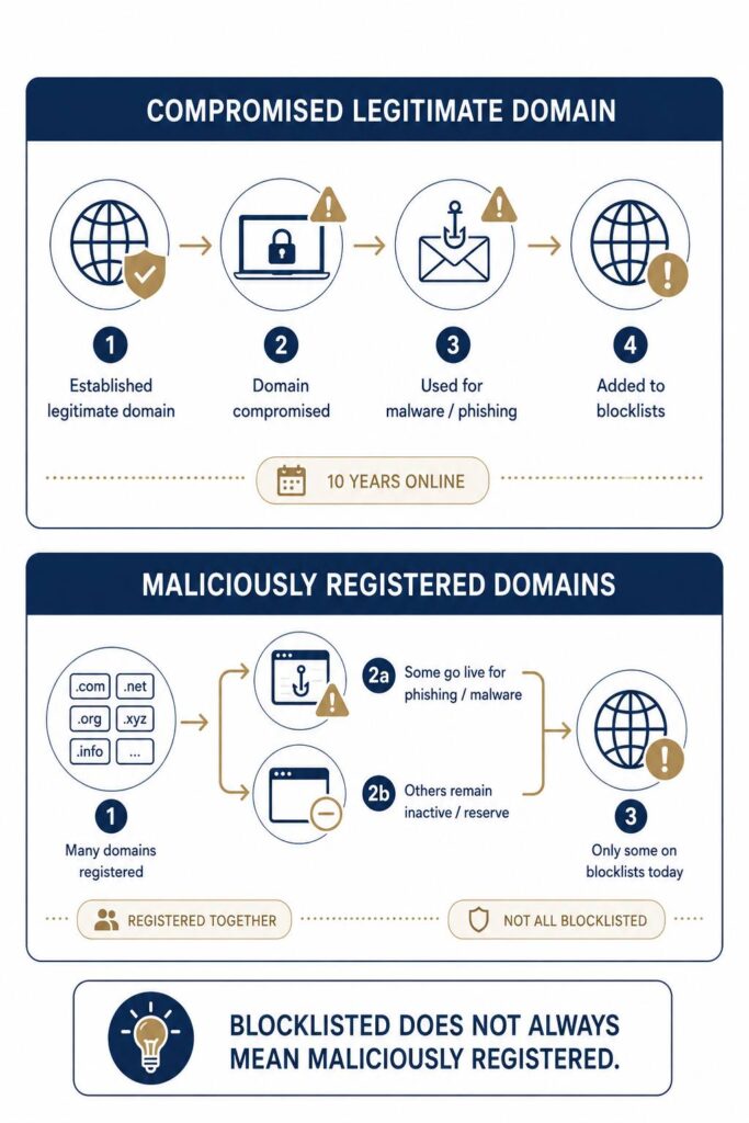 A blocklisted domain may be a compromised legitimate website or part of a deliberately registered abuse campaign.
