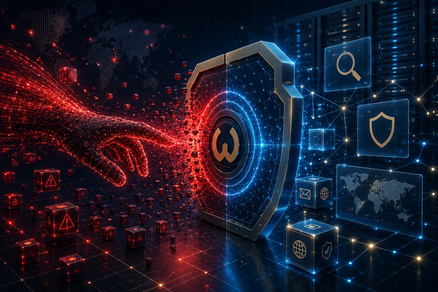 Cybersecurity illustration of a shield blocking malicious domain threats from reaching a protected global network.