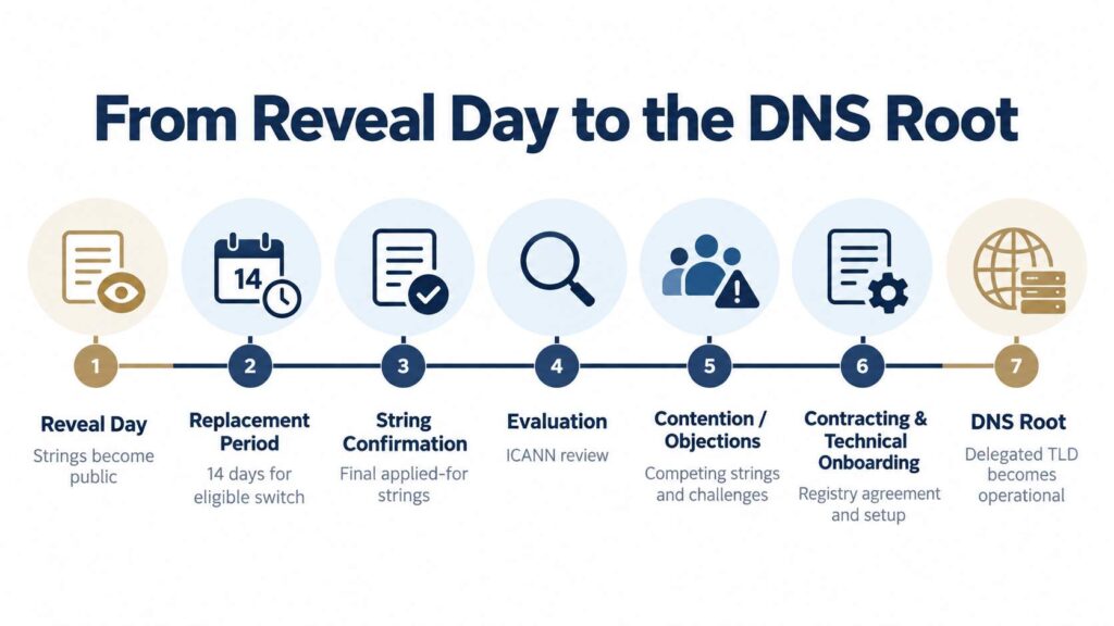 Timeline showing the path from ICANN Reveal Day through the replacement period, string confirmation, evaluation, contention resolution, contracting, and delegation into the DNS root.