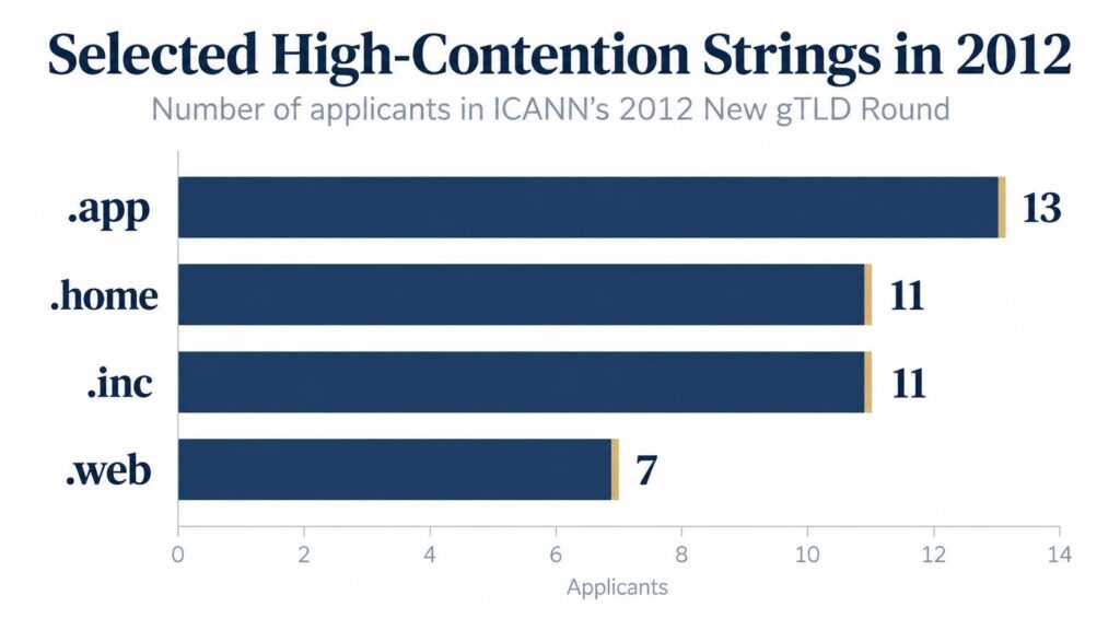 Bar chart showing selected highly contested strings from ICANN’s 2012 New gTLD Round: .app with 13 applicants, .home and .inc with 11 each, and .web with 7.