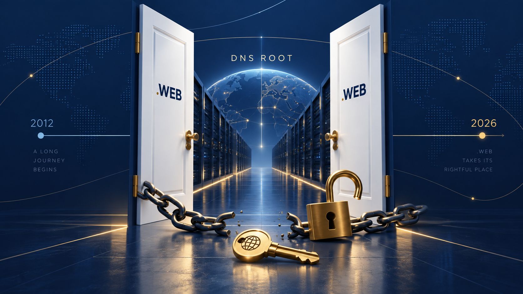 Unlocked .web doors leading to the DNS root after a 14-year journey from 2012 to 2026.