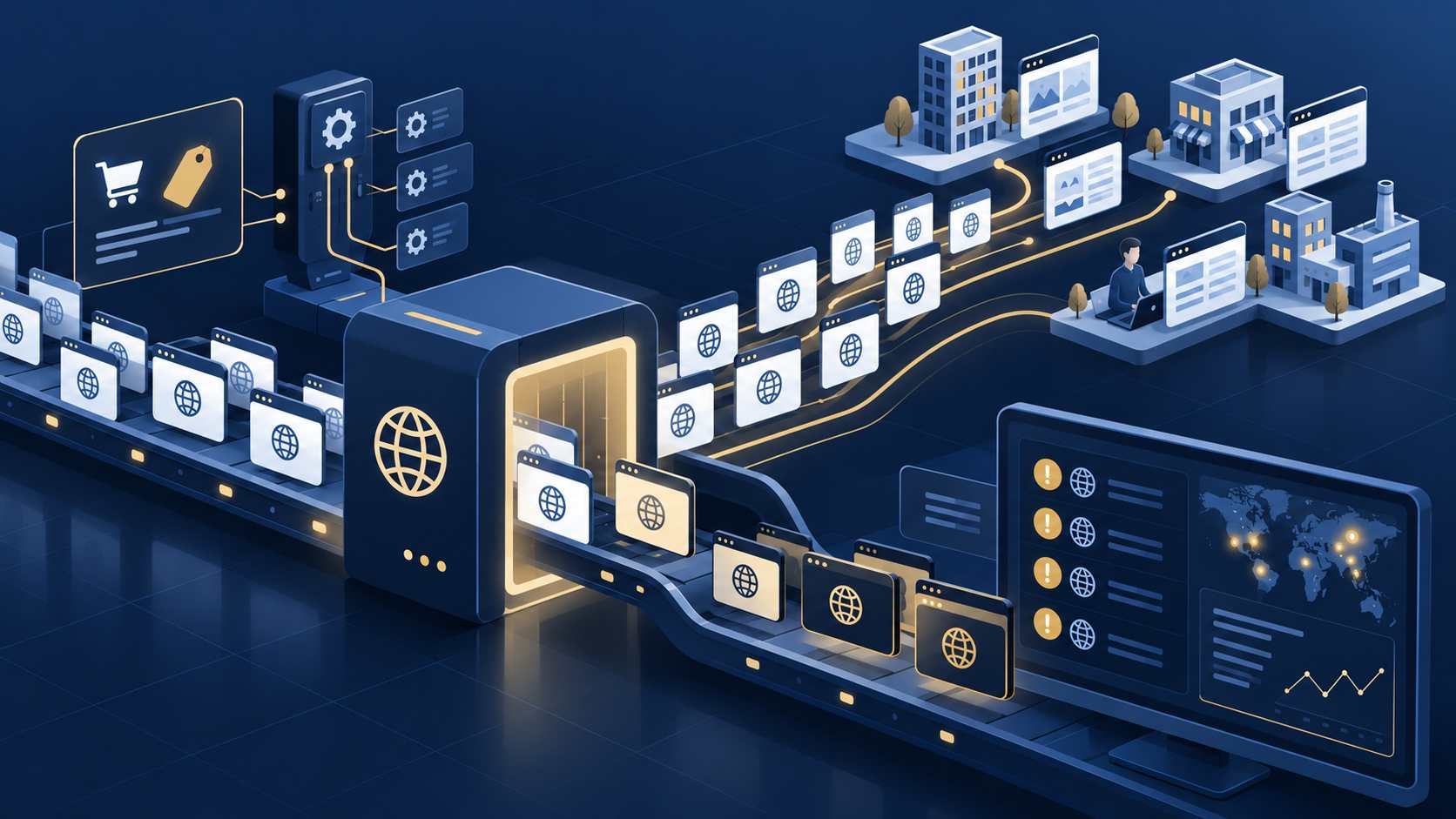 An abstract registration gateway routes domain cards toward many legitimate business websites and a smaller group flagged on a security monitoring screen, with visual cues for pricing, automation, and verification.