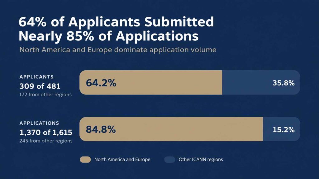 Chart comparing North America and Europe’s share of ICANN’s 2026 new gTLD round: 64.2% of applicants submitted 84.8% of applications.