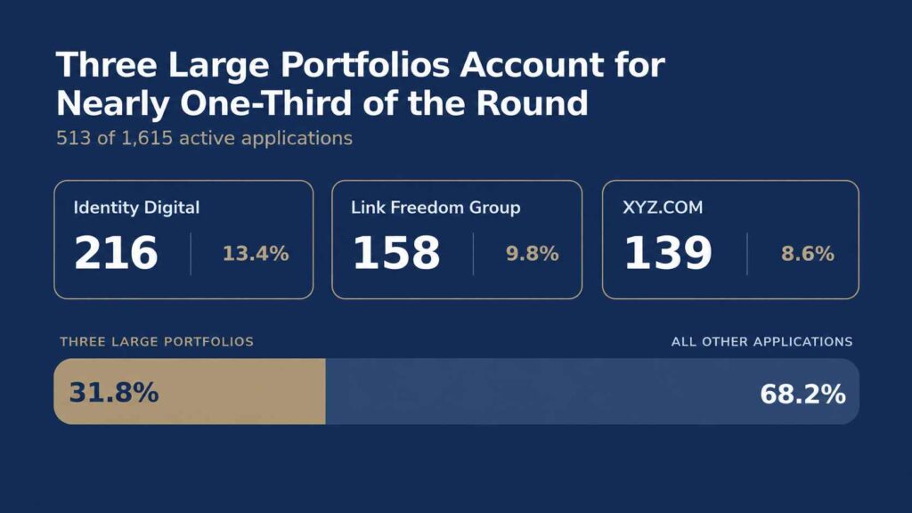 Chart showing Identity Digital, Link Freedom Group, and XYZ.COM accounting for 513 of 1,615 active new gTLD applications, or 31.8% of the round.